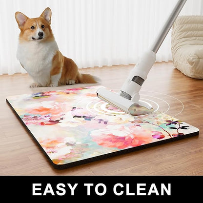 Dog Food Mat, 12" x 19" Flower Absorbent Dog Cat Bowl Mat for Food and Water, Cute Anti-Slip Rubber Pet Feeding Rug Protect Floors, Placemat for Feeding & Watering Supplies, Pink