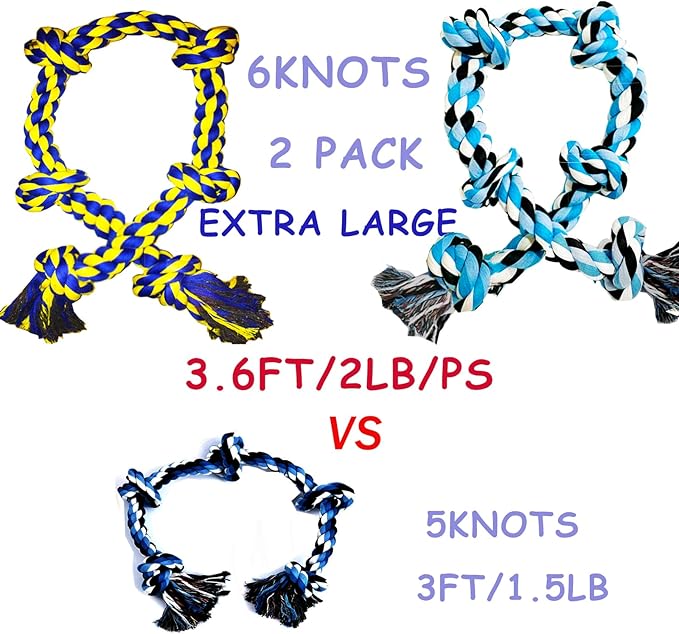 6 Knot 2 Pack 3.6 Feet Giant Large Dog Chew Rope Toy for Aggressive Chewer Power Heavy Duty Tug of War Play Chewing Tugging Tough Knotted XL Long Rope Pulling Pitbull Large Breed Medium Big Dog