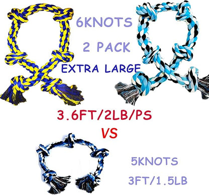 6 Knot 2 Pack 3.6 Feet Giant Large Dog Chew Rope Toy for Aggressive Chewer Power Heavy Duty Tug of War Play Chewing Tugging Tough Knotted XL Long Rope Pulling Pitbull Large Breed Medium Big Dog