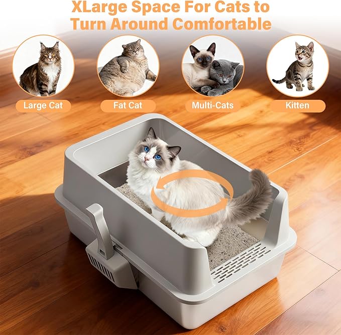 Stainless Steel Cat Litter Box, XL Cat Litter Box with Lid for Big Cat, Extra Large Metal Litterbox with High Side，Non-Stick, Odor-Resist, Anti-Urine Leakage, Easy-Clean, Includes Mat & Scoop