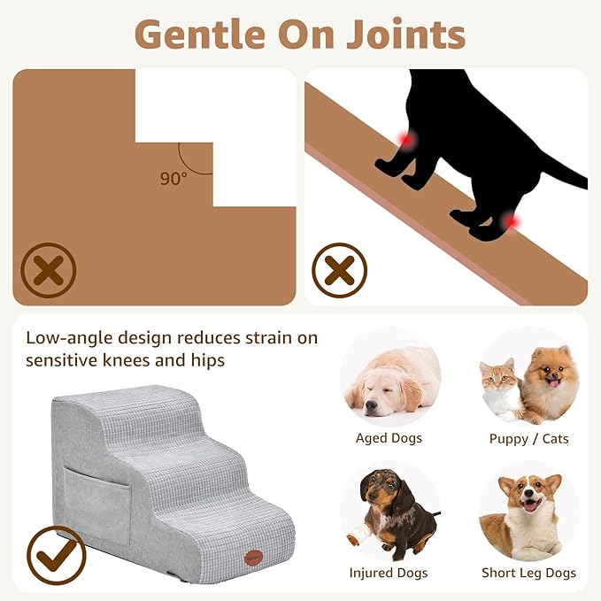 Woochpet Dog Stairs for Small Dogs, 15.7”H Ramp 3 Tier Wider Curved Pet Stairs for Couch and Beds，Weighted Base Plate Indoor Dog Steps with Non-Slip Bottom and Washable Cover for Old Cats