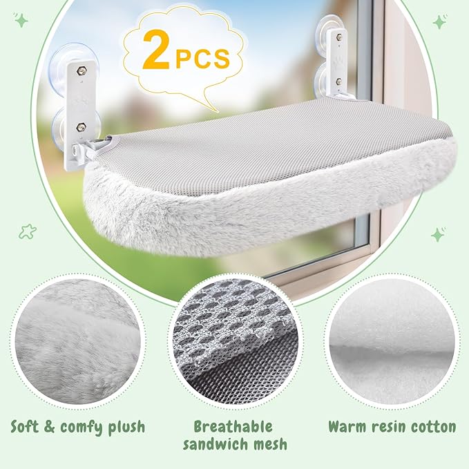 Sunhoo 2PCS Cat Window Perch Hammock Cordless Kitty Sunny Bed Seat Window Sill Shelf for Inside Cats Foldable Lounger with 4 Strong Suction Cups Soft Plush Cover 21 * 11.8 in Holds up to 40lbs (Grey)