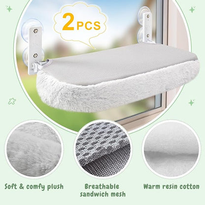 Sunhoo 2PCS Cat Window Perch Hammock Cordless Kitty Sunny Bed Seat Window Sill Shelf for Inside Cats Foldable Lounger with 4 Strong Suction Cups Soft Plush Cover 21 * 11.8 in Holds up to 40lbs (Grey)