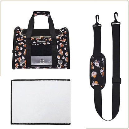 Petmolico Cat Carrier Dog Carrier, Airline Approved Soft Pet Travel Carrier with 3 Open Doors Mesh Windows for Cats Puppy 16 lbs(Large,Orange Flower)
