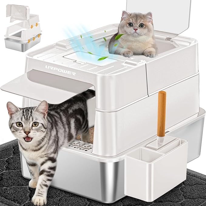 URPOWER Stainless Steel Cat Litter Box with Lid Extra Large Enclosed Litter Box for Cats Non-Sticky Metal Pan with High Sided Enclosure & Scoop, Front & Top Entry, Anti-Leakage, Easy Cleaning