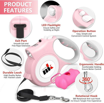 Retractable Dog Leash with LED Light Makife 5m Extendable Dog Lead for Small Medium Puppis up to 25kgs, One-Hand Brake & Lock System, Ergonomic Handle - Light Pink