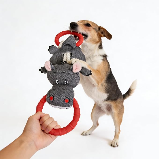 Tug of War Dog Toy - Rubber & Cotton Rope Toys for Dogs, Large Double Ring Dog Tug Toy,Interactive Dog Toys for Small Medium Large Dogs(Hippo)