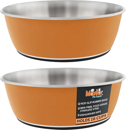 Master Pet Supply Stainless Steel Dog Bowls Set of 2 (128 Oz Each) with Non-Slip Rubber Base - Mango Tango - Basic Dog Food Bowl Water & Food Bowls for Small Medium Large Dogs & Cats, Metal Dish