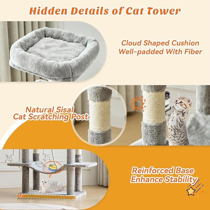 DUMOS Large 66 Inch Cat Tree Tower, Tall Multi Level Cat Climbing Tower with Natural Sisal Scratching Posts, Hammock, Pet Condo for Indoor Cats and Kittens Play, Grey