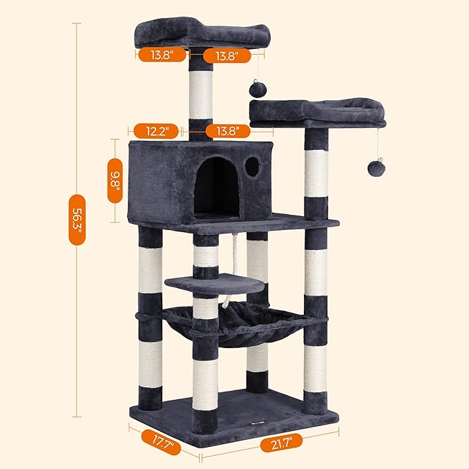 Feandrea Cat Tree, 56.3-Inch Cat Tower, Multi-Level Plush Condo with 11 Scratching Posts, 2 Perches, Hammock, Cave, Smoky Gray UPCT15GYZ