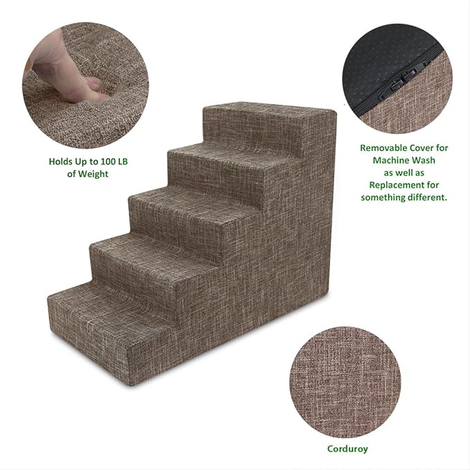 Best Pet Supplies Dog Stairs & Steps - Foam Steps for Small Dogs & Cats, Non-Slip Indoor Balanced Pet Step Support, Dog Ramp, No Assembly, Brown Linen, 5-Step (22.5-inch Height)