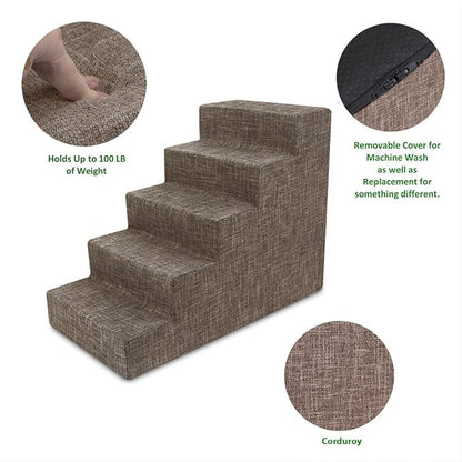 Best Pet Supplies Dog Stairs & Steps - Foam Steps for Small Dogs & Cats, Non-Slip Indoor Balanced Pet Step Support, Dog Ramp, No Assembly, Brown Linen, 5-Step (22.5-inch Height)