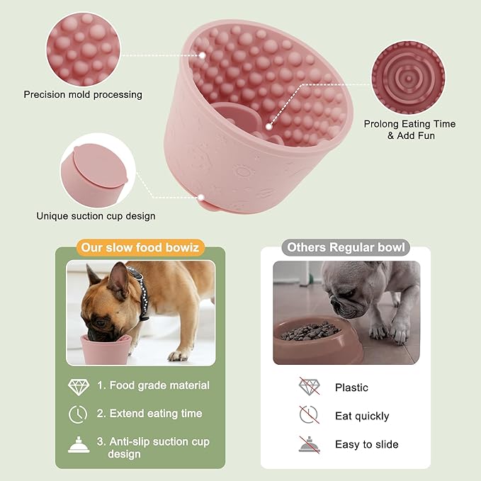 Slow Feeder Dog Bowls, Silicone Dog Lick Bowl with Brush & Scraper, Non-Slip Base Slow Feeder for Anxiety Alleviating & Oral Health, Pinkish Purple