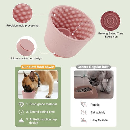 Slow Feeder Dog Bowls, Silicone Dog Lick Bowl with Brush & Scraper, Non-Slip Base Slow Feeder for Anxiety Alleviating & Oral Health, Pinkish Purple