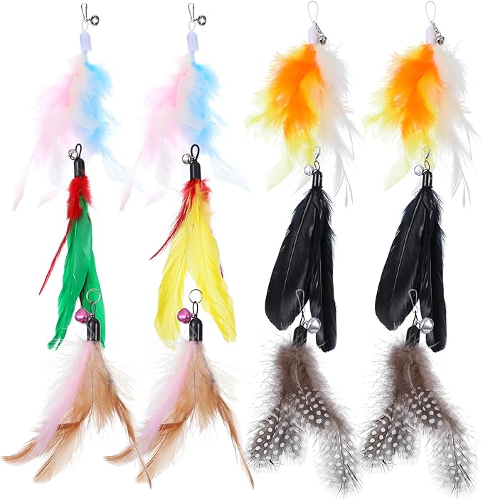 12Pcs Cat Feather Toys Refills, Feather Cat Wand Toys Attachment with Bells, Interactive Teaser Feathers Replacement for Bored Indoor Adult Cats Kitten Exercise and Play
