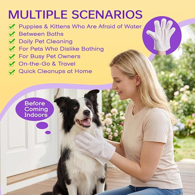 Pet Glove Wipes for Dogs and Cats 20 Count Dog Cleaning Wipes for Paws and Butt Waterless Dog Bath Wipes Hypoallergenic Fragrance Free with 10 Sealing Stickers and 5 Drying Towels
