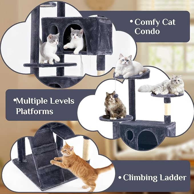 DUMOS 70-inch Indoor Cat Tree Tower –Multi-Level Pet House for Large Cats with 2 Condos, Scratching Posts, Round Platform, Small Ladder, and Toys, Grey