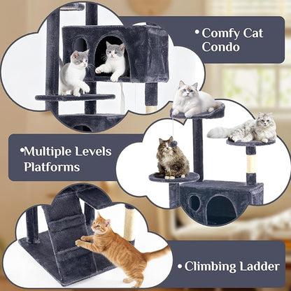 DUMOS 70-inch Indoor Cat Tree Tower –Multi-Level Pet House for Large Cats with 2 Condos, Scratching Posts, Round Platform, Small Ladder, and Toys, Grey