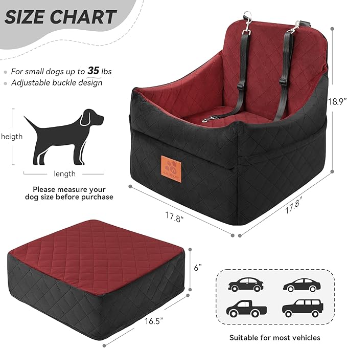 GL GLENSLAVE Dog Car Seat for Small/Medium Dogs, Dog Booster Car Seats with Thick Cushion for Dogs Under 35lbs, Detachable Washable Pet Carseat with Storage Pockets, 2 Safety Belts(Black/Red)
