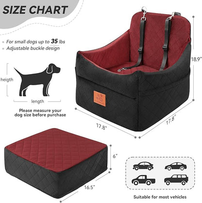 GL GLENSLAVE Dog Car Seat for Small/Medium Dogs, Dog Booster Car Seats with Thick Cushion for Dogs Under 35lbs, Detachable Washable Pet Carseat with Storage Pockets, 2 Safety Belts(Black/Red)