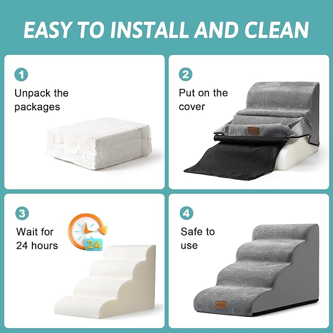 Wide Dog Stairs for Small Dog 15.7" H, Pet Step for Puppy, Older Cat, Curved Ramp for Couch, Durable Anti-Slip Ladder with High Density Foam, 3 Step, 17.7x22.4x15.7 inch, Grey