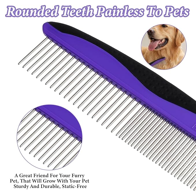 2pcs Dog Comb & Cat Comb for Grooming, Stainless Steel Teeth and Rubber Non-Slip Handle for Removes Loose Undercoat,Knots,Mats,Tangled Hair for Large, Medium, Small Dogs and Cats Purple+Blue