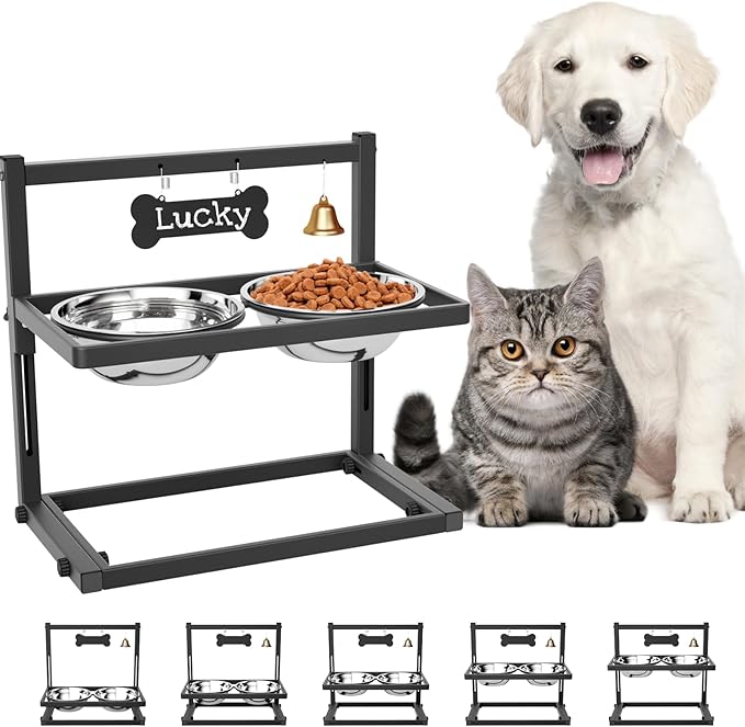Elevated Dog Bowls for Medium and Small Dogs, 5 Adjustable Height, Raised Dog Bowl Stand with 2 Stainless Steel Dogs Food Bowls, Metal Strong Pet Bowls Elevated