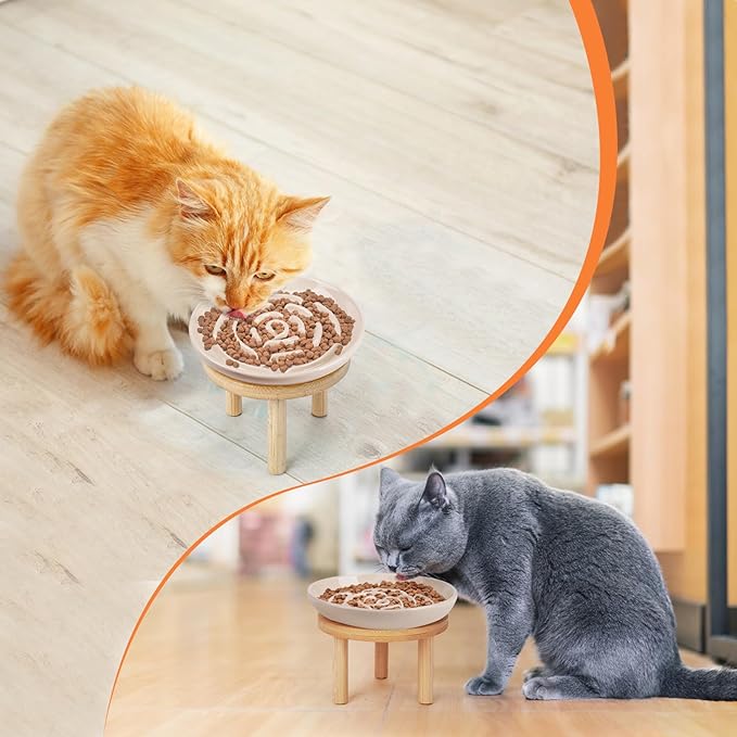 Elevated Slow Feeder Cat Bowls, Ceramic Cat Slow Feeder Bowl with Bamboo Stand, 5.9 Inch Wide Shallow Cats Bowl Whisker Friendly, Anti Vomiting Puzzle Feeder for Dry or Wet Food Dishwasher Safe