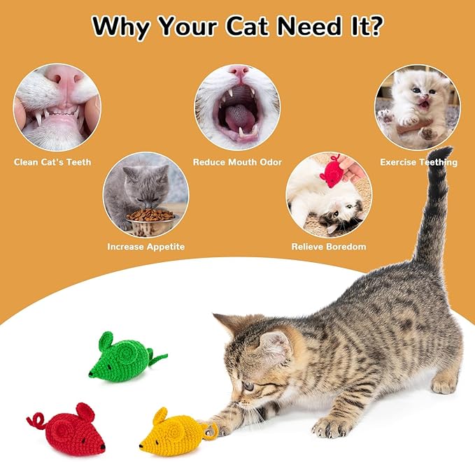 Retro Shaw Catnip Toys Crochet Mice Cat Toys, 3 Pcs Durable Yarn Cat Mouse Toys for Indoor Cats, Stuffed with Natural Catnip & Silvervine Blend, Handmade Interactive Kitten Chew Toy for Teeth Cleaning