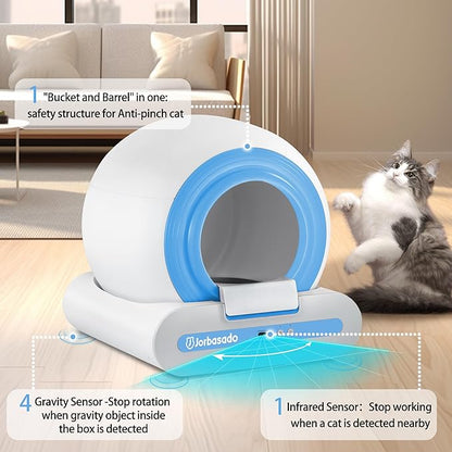 J JORBASADO Self Cleaning Litter Box, 65L+9L Automatic Cat Litter Box Self Cleaning for Multiple Cats, with APP Control and Safety Protection