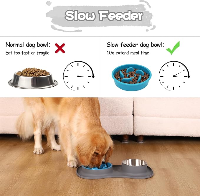 MateeyLife Dog Food and Water Bowl Set 3 in 1, Slow Feeder Dog Bowls & Stainless Steel Water Bowl with Non-Spill Silicone Mat, Cat and Puppy Bowls Pet Dishes for Small Medium Large Breed Anti-Choking