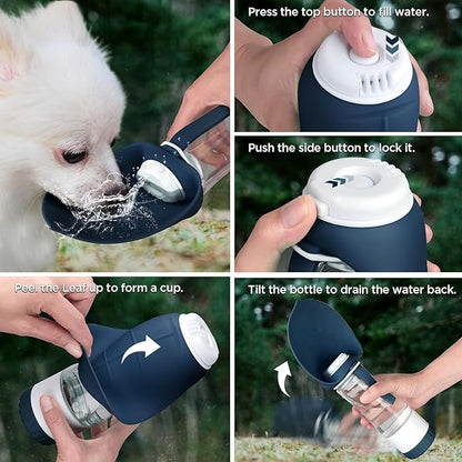 Uppetly Dog Water Bottle, Pet Water Bottle with Food Container and Drinking Feeder, Leak Proof, BPA-Free, Portable Foldable Puppy Water Cup Dispenser for Outdoor Walking, Travel, Small Dark Blue
