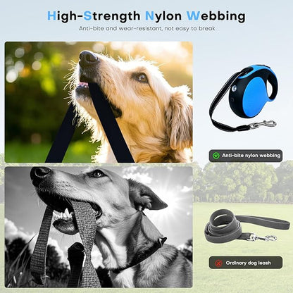 Retractable dog leash with chew-proof cord and LED flashlight, 16-ft heavy-duty dog leash, suitable for Small/medium dogs weighing up to 110 pounds, reflective rope, 360° anti-tangling.(Blue+16ft+LED)