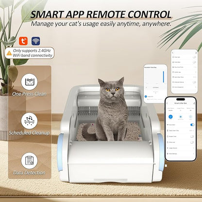 Self Cleaning Cat Litter Box, Open-Top Automatic Litter Box for Multiple Cats with App Control, Safety Protection, Ultra-Quiet, Odor Control Includes 2 Roll Garbage Bags and 1 Litter Mat, White & Blue