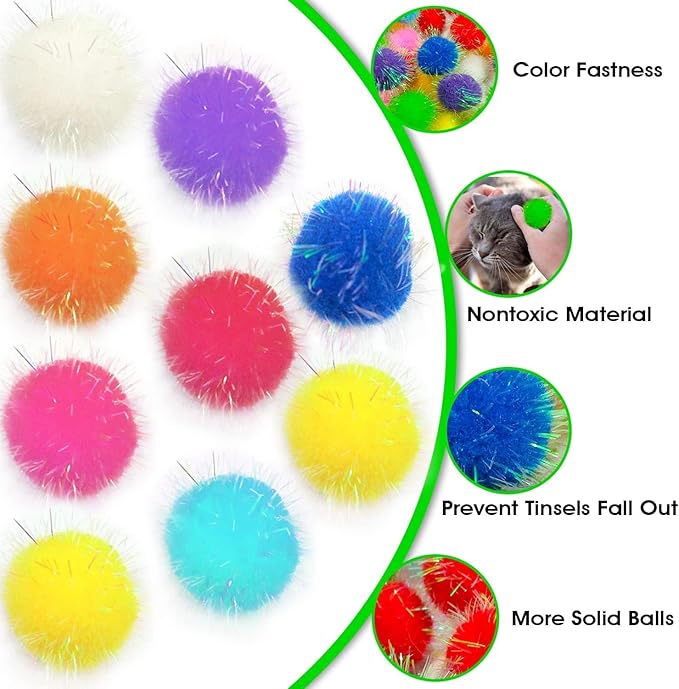 30 Pieces Sparkle Pom Pom Balls with Cat Toy Launcher - Asorted Colors Interactive Glitter Ball for Indoor Play 1.2 Inches Pompoms Thrower Best as Kitten Toys for Excercise and Entertainment.