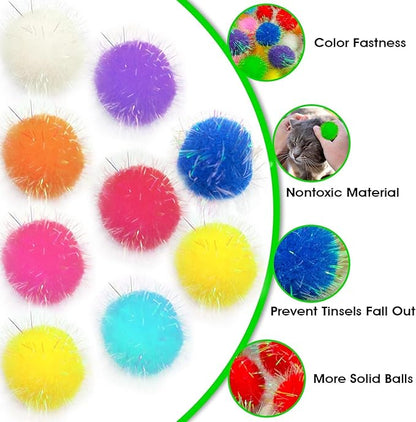30 Pieces Sparkle Pom Pom Balls with Cat Toy Launcher - Asorted Colors Interactive Glitter Ball for Indoor Play 1.2 Inches Pompoms Thrower Best as Kitten Toys for Excercise and Entertainment.