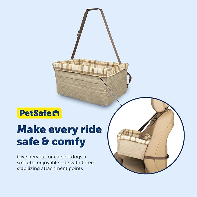 PetSafe Happy Ride Booster Seat for Dogs - Open Road Comfort - Safe Tether System - Zipper Pouch Dog Seat - Machine Washable Fleece Liner - Easy Install Design - Tan - Up to 25 lb