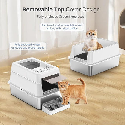 Stainless Steel Litter Box with Lid, XL Extra Large Enclosed Cat Litter Box Fits All Cats Modular Design with Flip Cover, Top Entry Metal High Sided Cat Box & Pedal & Scoop (White)