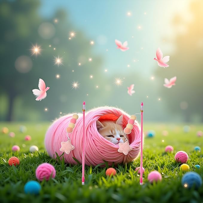 2 Pcs Pink Cat Stick Toy Elastic Rope Plush Ball Star Pendant Bite-Resistant Comfortable Grip Relieve Boredom Handmade Kitten Teaser Wand Cat Mice and Animals Toys Pet Supplies