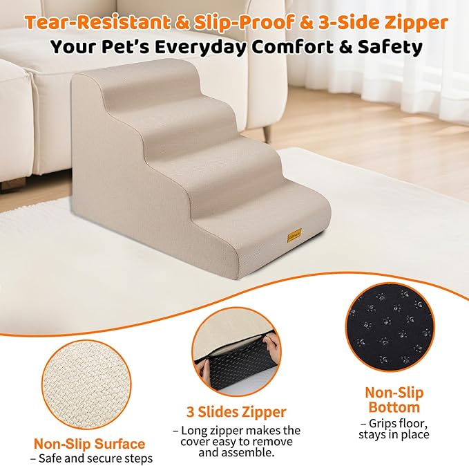 Gimars 30D High-Density Foam & Extra-Wide, Stable 4-Step Dog Stairs, 50cm High Pet Stairs with Washable Cover & Non-Slip Base, Portable Ramp for Small Dogs to Sofa, Bed, Couch, Car