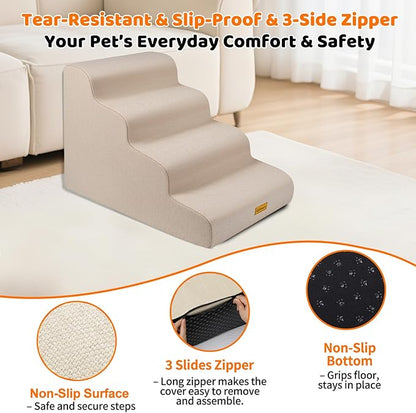 Gimars 30D High-Density Foam & Extra-Wide, Stable 4-Step Dog Stairs, 50cm High Pet Stairs with Washable Cover & Non-Slip Base, Portable Ramp for Small Dogs to Sofa, Bed, Couch, Car