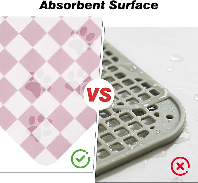 Checkered Dog Food Mat, Absorbent Leak-Proof Pet Feeding Mat, Quick Dry Cat Food Mat for Messy Drinkers 12" x 20" Pink