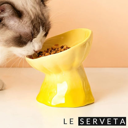 Elevated Ceramic Cat Bowl, Tilted Slow Feeder Pet Dish with Gradient Color Coating, 3.3 Ounces Capacity, Anti-Gulping Design with Rose Bouquet Design (Gradient Yellow)