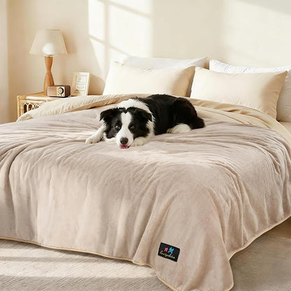 Luciphia Waterproof Pet Blanket, Liquid Pee Proof Dog Blanket for Sofa Bed Couch, Reversible Sherpa Fleece Furniture Protector Cover for Small Medium Large Dogs Cats, Khaki+Beige Large（65" x 57"）