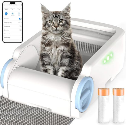 Self Cleaning Cat Litter Box, Open-Top Automatic Litter Box for Multiple Cats with App Control, Safety Protection, Ultra-Quiet, Odor Control Includes 2 Roll Garbage Bags and 1 Litter Mat, White & Blue