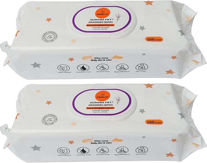 Aurora Pet Wipes – 100% Natural, Plant-Based Hypoallergenic Grooming Wipes for Dogs & Cats – Extra-Durable, Large & Thick for Effortless Cleaning (Lavender, 200 Count)
