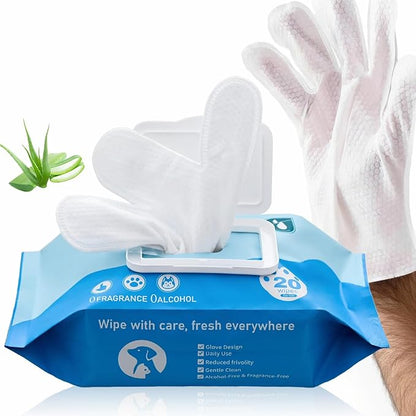 Pet Grooming Glove Wipes for Dogs&Cats, Extra Thick Rinse Free Cleaning Gloves with Aloe&Glycerin, Hypoallergenic Deodorizing Bathing Wipes for Daily Care, Travel, Portable, Unscented, 20ct