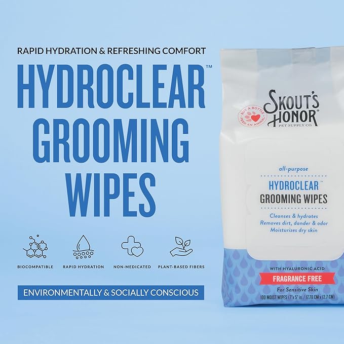 SKOUT'S HONOR HydroClear Grooming Wipes w/Hyaluronic Acid - for Your Dogs and Cats - Great for Hydration of Your Pets Skin and Fur - Fragrance-Free - 100ct