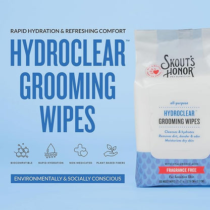 SKOUT'S HONOR HydroClear Grooming Wipes w/Hyaluronic Acid - for Your Dogs and Cats - Great for Hydration of Your Pets Skin and Fur - Fragrance-Free - 100ct