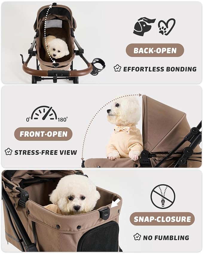 797Audio Dog Stroller for Small Medium Dogs,Pet Stroller for Cats Puppy Up to 121lbs,Foldable,One Click Folding,4 Wheel Shock Absorption,Adjustable Canopy with Sun Shades,Removable Washable Pad(Brown)